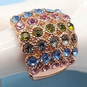 Multicolored Rhinestone Wide Band Ring, Rose Gold Tone, Size 7.75